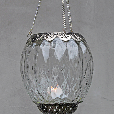 Vintage Windlicht zum Hngen Glas Metall Silber